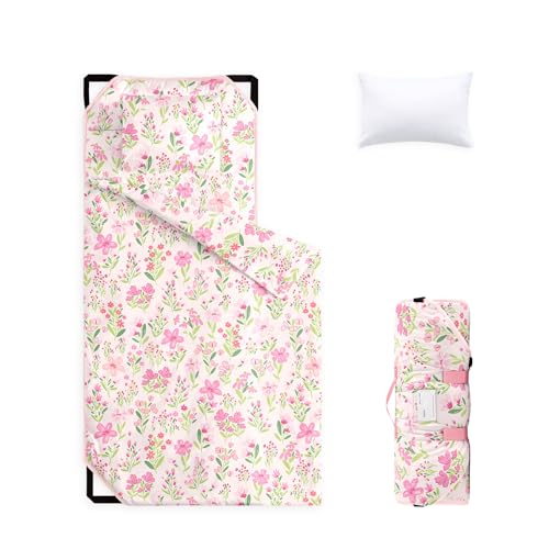 Image of Wake In Cloud - Cot Nap Mat with Pillow and Blanket, for Toddler Kids Girls Ages 3 Plus in Daycare Kindergarten Preschool with Elastic Corner Straps, Floral Botanical Flowers