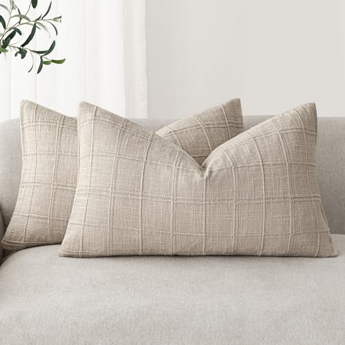 Image of Foindtower Set of 2 Decorative Linen Check Throw Pillow Covers Neutral Farmhouse Lumbar Cushion Covers Modern Boho Home Decor for Sofa Chair Couch Bedroom Living Room,12x20 Inch,Natural Linen