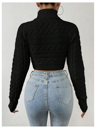 OYOANGLE Women's Cable Knit Turtleneck Sweater Long Sleeve Fitted Cropped Sweaters2