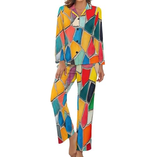 Pyjama femme motif céramique abstrait 3D haut boutonné manches longues et pantalon stretch