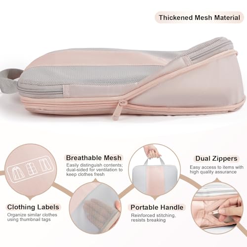 Image of OlarHike 4 Set Compression Packing Cubes for Travel Essentials,Compressible Expandable Space Saver Bags for Organizing Clothes,Luggage Suitcase Garment Bags with Over 1000 pcs Mesh Holes(Beige)