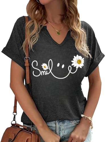 Womens Flowers V Neck Shirt Vintage Boho Floral Wildflowers Graphic Tees Casual Cottagecore Short Sleeve T Shirts(Smile,L)