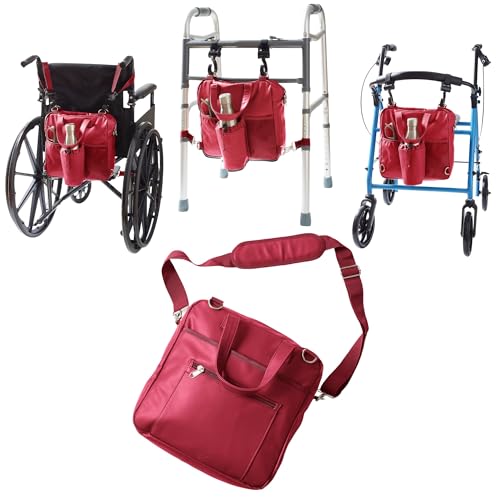 Rollatote Go-Getter Water-Resistant PU Easy Hook On & Off Messenger Bag for Walkers, Rollators, Wheelchairs, Scooters, Leather-Like, Soft-Lined Glasses Pocket, Padded Interior, Shoulder Strap (Red)