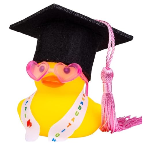QRKPVHD Juguete Pato de Goma, Pato para Coches, Patito Goma con Diploma y Birrete de graduación, Idea de Regalo Original y Divertida,Gorro graduación con Flecos Rosa, Gafas con Forma corazón