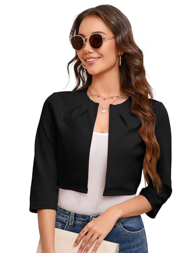 YesFashion Damen Bolero Kurz Blazer Elegant Strickjacke 3/4 Ärmel Festlich Blazer Schulterjacke Schwarz M