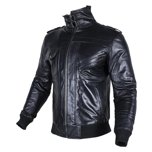 Image of Hooded Leather Jacket For Men | Bomber Leather Jacket Mens with Removable Hood