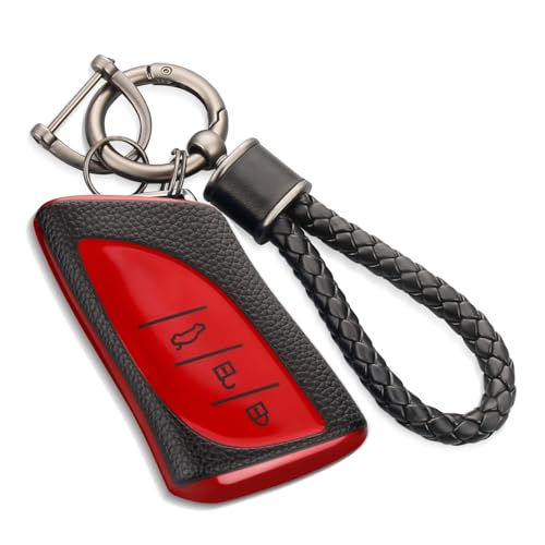 Image of Key Fob Cover for Lexus, Braided Loop Keychain Accessory, Red | Wear-resistant TPU shell, short PU braided loop, daily splash, scratch and drop protection, normal signal use, easy setup