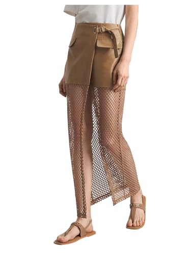 MakeMeChic Women's PU Leather Buckle Cargo Skirt Wrap Sheer Summer Long Skirts Streetwear