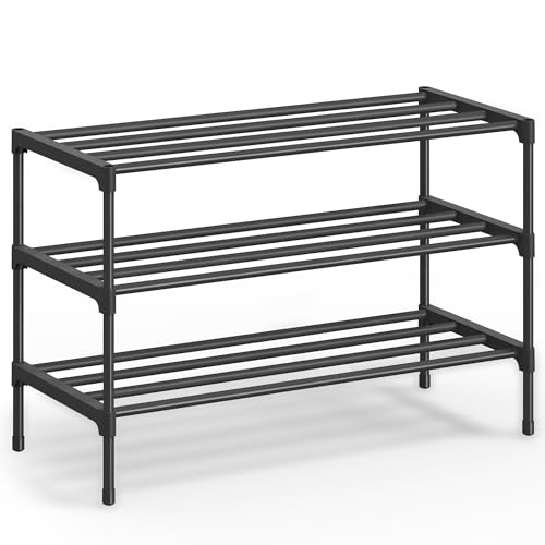 Image of SONGMICS 3-Tier Shoe Rack for Closet, Compact Metal Shoe Organizer Shelf for Entryway, Bedroom, Small Spaces, Stackable, 11.8 x 24.5 x 19.1 Inches, Black ULSA123BH01
