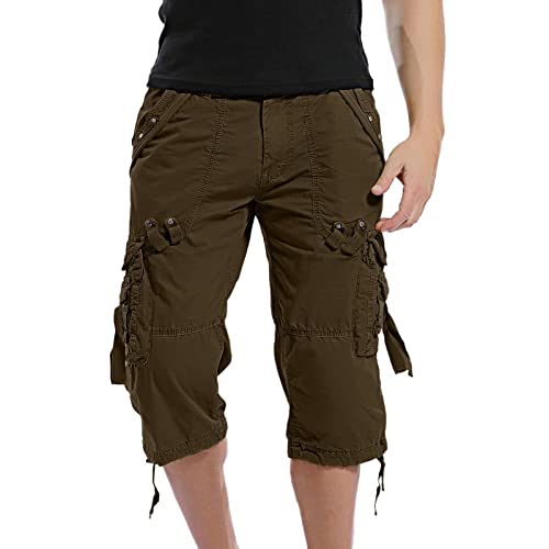 Mens Cargo Shorts Capri Twill Below Knee Relaxed Fit Outdoor Hiking Pants Straight Leg Long Shorts with Multi Pockets Green 32