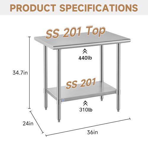 Image of ROCKPOINT All Stainless Steel Table for Perp & Work 24x36 Inch,Commercial Heavy Duty Workbench with Stainless Legs & Adjustable Undershelf, 750 lb Capacity for Restaurant,Home and Outdoor Kitchens