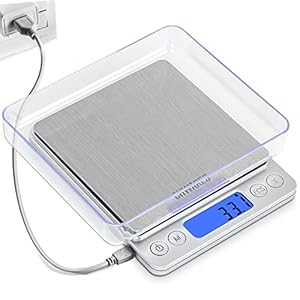 CHWARES Digitale keukenweegschalen, oplaadbaar met USB, 3 kg/0,1 gram, kleine voedselweegschalen, elektrische kookweegschalen, waterdichte digitale met USB oplaadbare schaal, LCD-display, roestvrij staal, voor ingrediënten, sieraden, koffie
