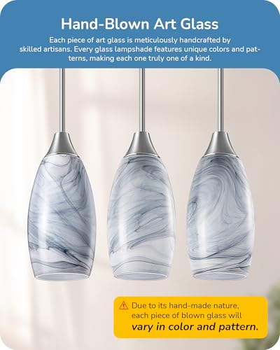 Image of EDISHINE Pendant Light Fixture, Handcrafted Art Glass Hanging Light, Hardwired Ceiling Light, Grey Marble Glass Shade, Adjustable Brushed Nickel Rods, E26 Base, Pendant Lamp for Kitchen Island, Bar