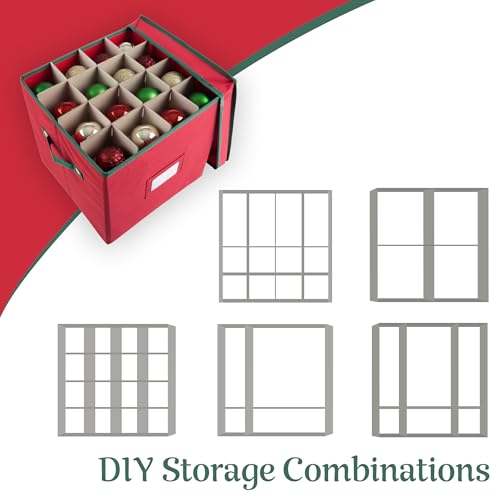 Christmas Decor Storage Box - Red Oxford Canvas Ornament Cube Chest With 64 Compartment Dividers, Riveted Handles, and Lid by Elf Stor