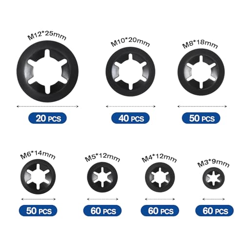 340 Stück Sicherungsringe, Sicherungsscheiben, Innenzahn Schnellverschluss Haltering Snap Sortiment M3 M4 M5 M6 M8 M10 M12.Sicherungsring