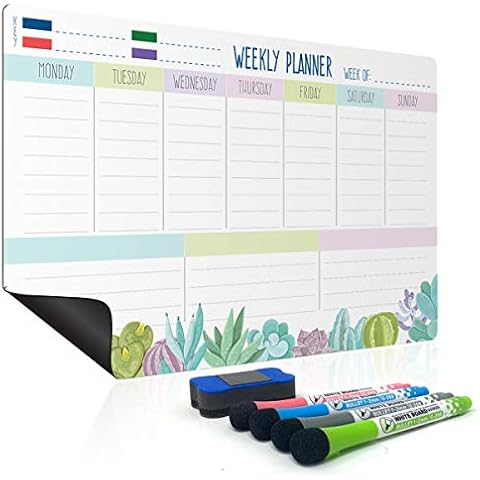 Joejis Magnetic Weekly Whiteboard Meal Planner Organiser - Easy Attach to Fridge - Family Weekly Calendar Meal Plan Chores Board - 4 Markers with Erasers Cover