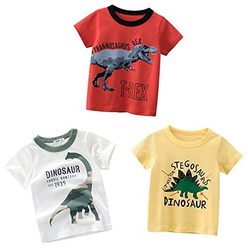 Lot de 3 T-Shirt Garçon à Manches Courtes Coton Enfants Bébé Été Cartoon Tee 1-7 Ans Dinosaure, 4T (3-4 Ans)