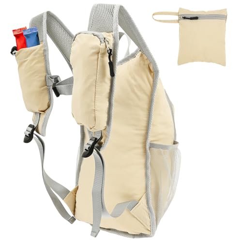 Mochila de caminhada de 10 L, à prova d'água, leve, compacta, com alça de esterno ajustável, pequena bolsa de viagem dobrável, Bege, 38 cm x 22 cm x 9 cm
