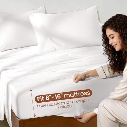 Image of 100% Egyptian Cotton Sheet Set 4 Pcs King Size Sheets 1000 Thread Count Breathable Soft Bedding Set Fitted Sheet with 16 inch Deep Pocket (King, White)