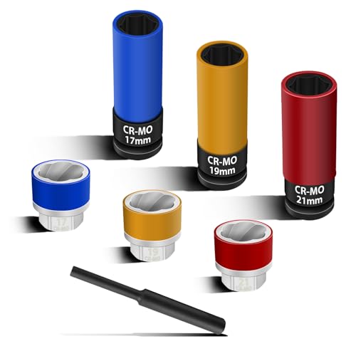 Image of 7PCS 1 /2 inch Drive Wheel Protector Impact Socket & Lug Nut Socket Set | 6 Pt, Non-Marring, Thin Wall, Wheel Protector, Damaged Nut Lock Remover, Rusted, Stripped, Screws, Stuck Locking Nut Removal