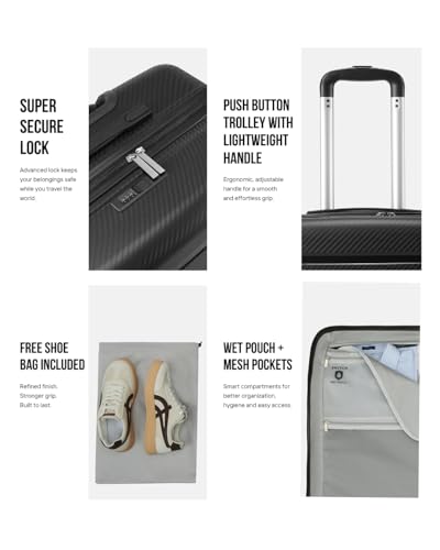 Image of SNITCH Layer 3Pc Set Black Polypropylene Hard Travel Suitcase - Suitcase for Travel Set of 3 & Luggage with 8 Wheels, Premium Lock, Wet & Dry Pouch & Free Shoe Bag