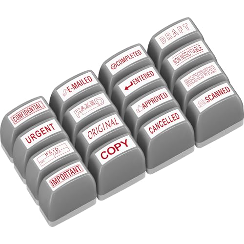 Crtiin 16 Pcs Office Stamp Set Message Self Inking Rubber Stamp Set for Office Stamps Completed Faxed Scanned Stamps for Message Supplies(Red, Grey)