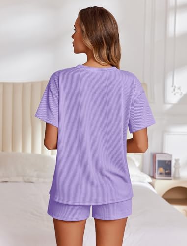 Image of Ekouaer 2 Piece Sets for Women Matching Lounge Sets Summer Outfits | Casual Loungewear, Ribbed Loose Set, Short Sleeve Shirt and Shorts, Crewneck, With Pockets