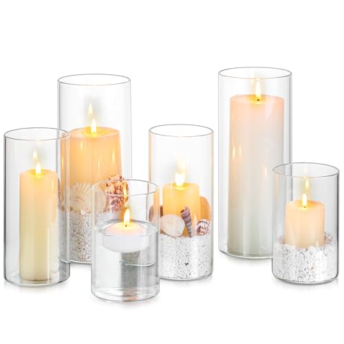 Glasseam Hurricane Glass Candle Holders: 6 Pcs Clear Cylinder Vases for Centerpieces Large Pillar Candle Holder for Floating Candles Set Modern Home Decor Wedding Table 5.3” 7.3” 9.5” Height