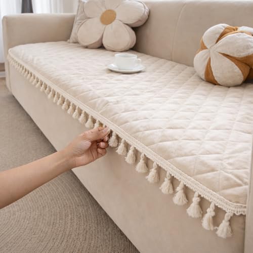 Image of DecorTwist Premium Reversible Quilted Velvet Sofa Cover for 2 & 3 Seater | Luxury Sofa Protector with Tassels | Soft, Durable & Pet Friendly | Grey /Beige & Beige (Beige, 3 Seater)