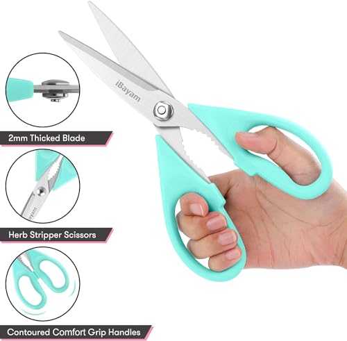 iBayam Kitchen Scissors - All Purpose Heavy Duty Meat Scissors, Poultry Shears, Dishwasher Safe, Stainless Steel, 2-Pack, Pastel Pink, Mint Blue