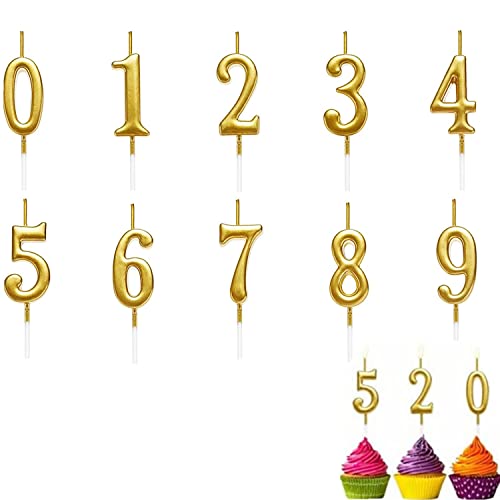 Velas de números, 10 velas numéricas doradas con purpurina para