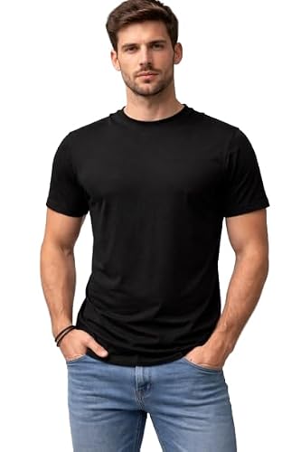 Image of Men's Short Sleeves Crew Neck Plain T-Shirt, Adults Casual 100% Cotton Regular Fit Stretch Sports Leisure Shirts Tees Tops for All Day Comfort UK Plus Size S to XXL, (Black - Extra Large)