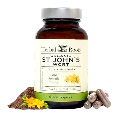 Herbal Roots Organic St Johns Wort Capsules | 450 mg per Serving | No Binders or Fillers Non GMO | 60 Vegan Capsules