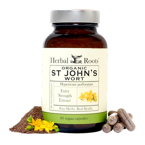 Herbal Roots Organic St Johns Wort Capsules | 450 mg per Serving | No Binders or Fillers Non GMO | 60 Vegan Capsules