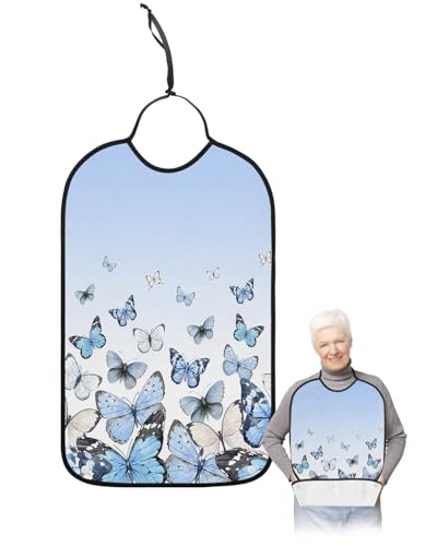 Adult Bibs for Elderly Women - Blue Ombre Waterproof Dining Clothing Protectors with Crumb Catcher for Eating/Feeding, Watercolor Blue Butterfly Modern Abstract Art Terry Cloth Bib Machine Washable