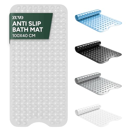 Zuvo -Extra Long Bath Mat (100 X 40cm, Clear) - Shower Mat Non Slip Anti Mould, Machine Washable Rubber Shower Mat with Powerful Suction Cups for Kids and Elderly