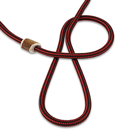 Hundeleine mit Halsband 6mm | Moxonleine Retrieverleine Agilityleine | Mit Zugbegrenzung, Zugstopp aus Hirschhorn (Rot-Schwarz, 130 cm)