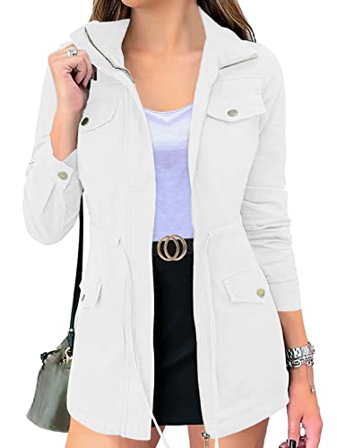 Merokeety Womens Fall Fashion Utility Cargo Jacket Casual Drawstring Waist Army Jacket With Pockets, White, M #TOP18