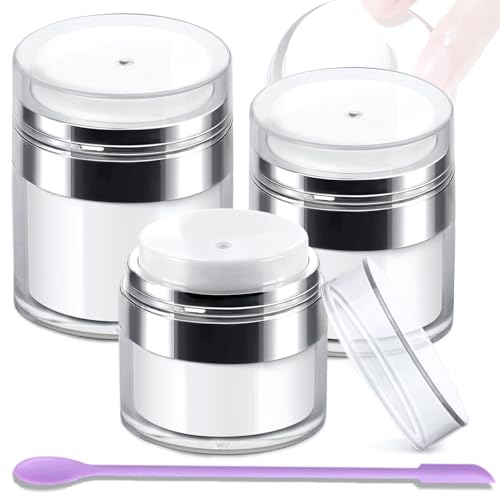 Airless Pump Jars, Refillable Cosmetic Moisturizer Airless Pump Jar 3 Pack Bottles Travel Size for Cream, Gels and Lotion with Silicone Spatula 0.5oz 1oz 1.7oz