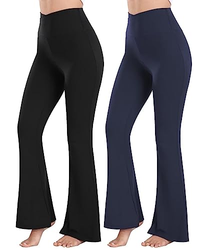 Ridshy Falre Leggings for Women High Waisted Yoga Pants Crossover Workout Legging Bootcut Flared Dress Pants 2 Pack Black/Navy Blue X-Large