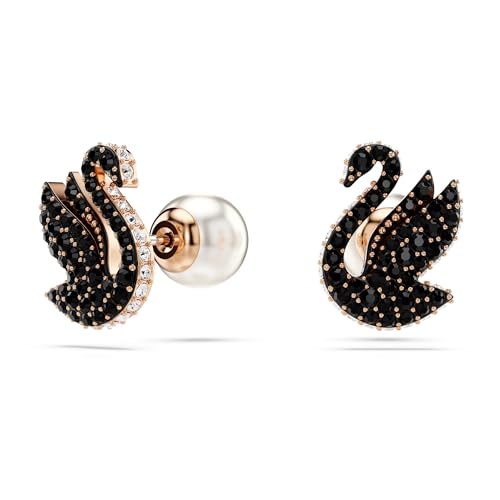 Swarovski Swan Stud Earrings, Swan Motif with Black Pavé Crystals and Pearl Closure in a Rose Gold-Tone Finished Setting, Part of the Swarovski Swan Collection2