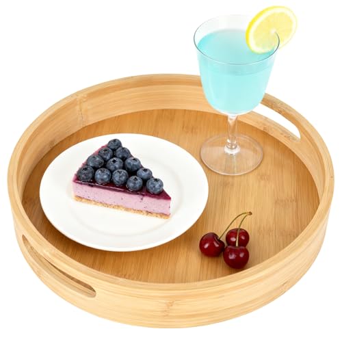 YYTECH Bambus Serviertablett, Rundes Tablett Holz mit Griffen und Erhöhter...