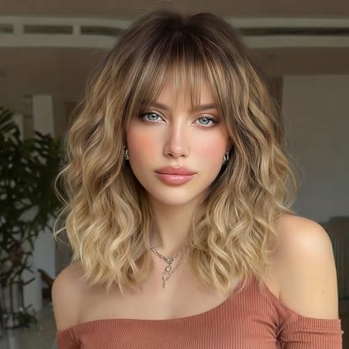 Lativ Blonde Wig With Bangs Short Wavy Bob