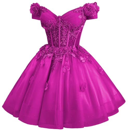 Image of Zhangyo Sparkly Tulle Homecoming Dresses for Teens Off Shoulder DAMA Dress | Sparkly Tulle Homecoming Dresses, for Teens, Off Shoulder DAMA Dresses for Quinceanera, 3D Butterfly Short Ball Gown