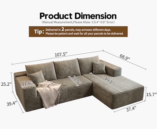 Image of 107.5 inch Cloud Modular Sectional Sofa Couch with L-Shape Chaise,Modern Minimalist Upholstered Couches for Living Room Bedroom,Deep Seat Corner Couch,No Assembly Required (Camel,Right Facing Chaise)