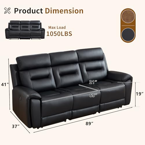 Image of ANJ Power Oversized Reclining Sofa Couch, Breathable Faux Leather 3-Seater Electric Recliner Couches with USB&Type-C Charging Ports for Living Room, Black