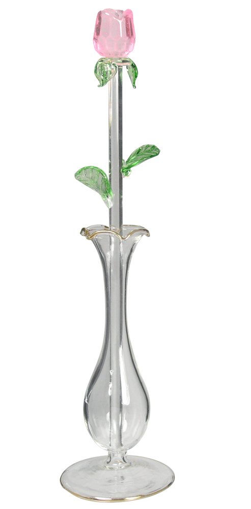 Rose en cristal taillé de haute pureté et son vase en verre soufflé