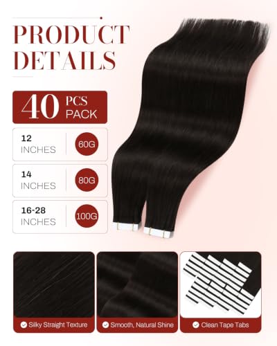 Image of Moresoo Darkest Brown Human Hair Extensions Tape in, 16in, 40Pcs, 100g | Tape hair extensions, Remy straight texture, espresso brown tone, higher density for layered blowouts and office wear