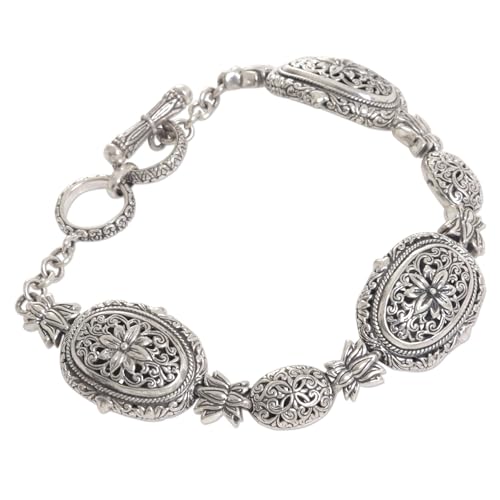 NOVICA Artisan Handmade Sterling Silver Link Bracelet with Floral Motif Indonesia [1.4 in L x 0.6 in W x 0.2 in D] ' Lotus Chain'2