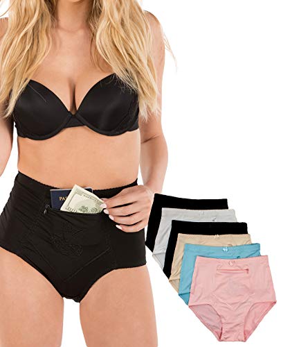 Women's 6 pack Travel Zipper Pocket Panties, Assorted, XL